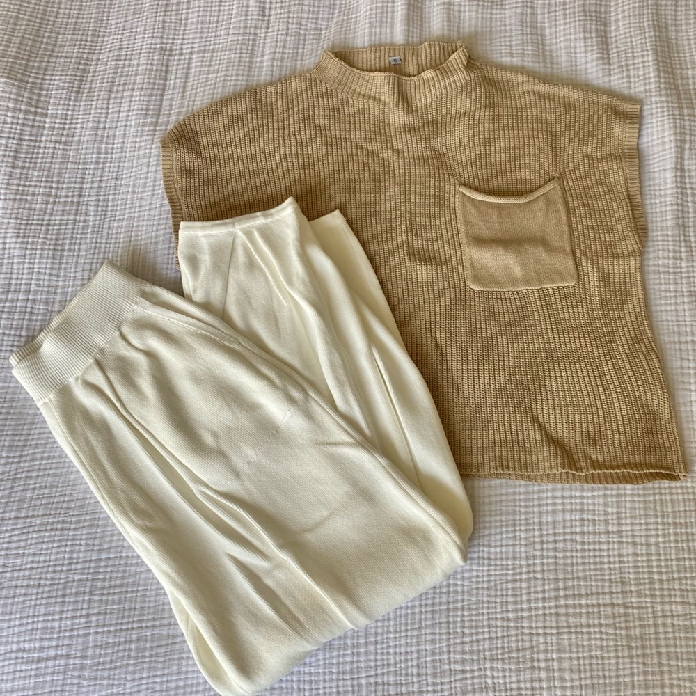 Two Piece Sweater Set, Camel Knit Top & White High Waisted Lounge Pants | Size S